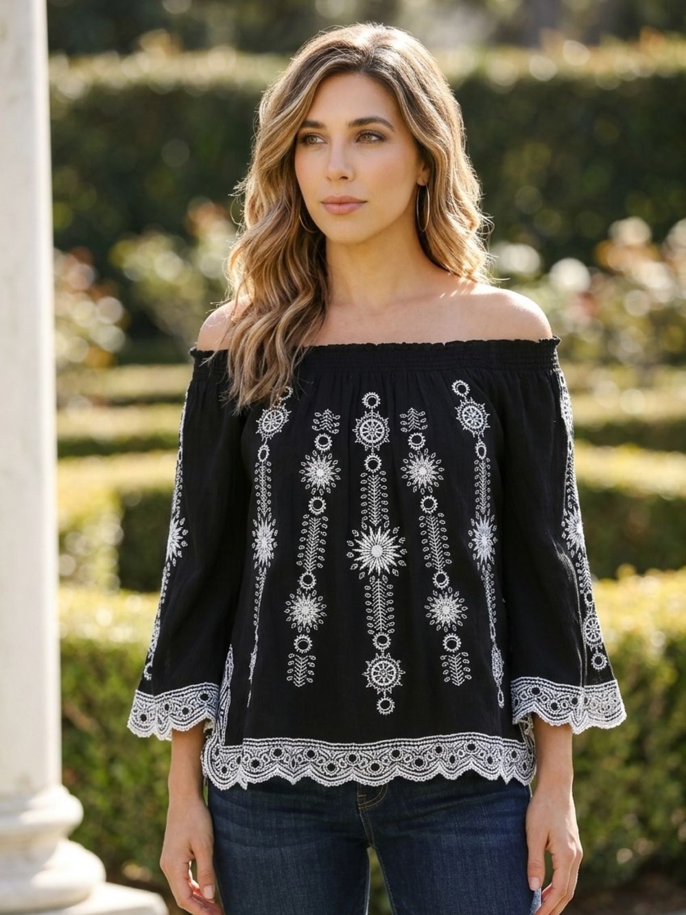 Free People Off-Shoulder Black Embroidered Peasant Top S